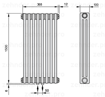 Схема (чертеж) Радиатор Zehnder Charleston 3150/8 №3470 Белый глянцевый RAL 9016